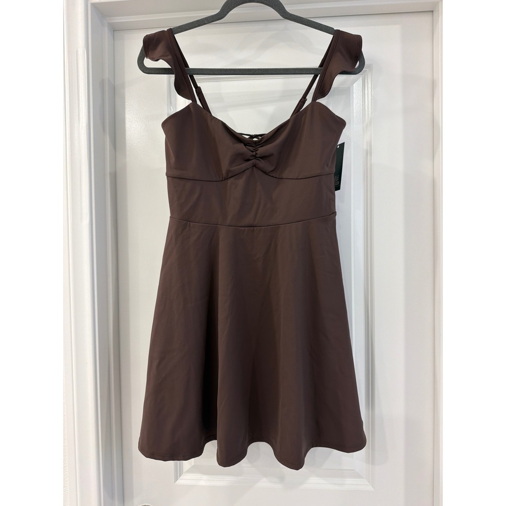 Wild Fable Brown Fit and Flare Mini Dress Womens Size M Ruffle Lace Up Back NEW